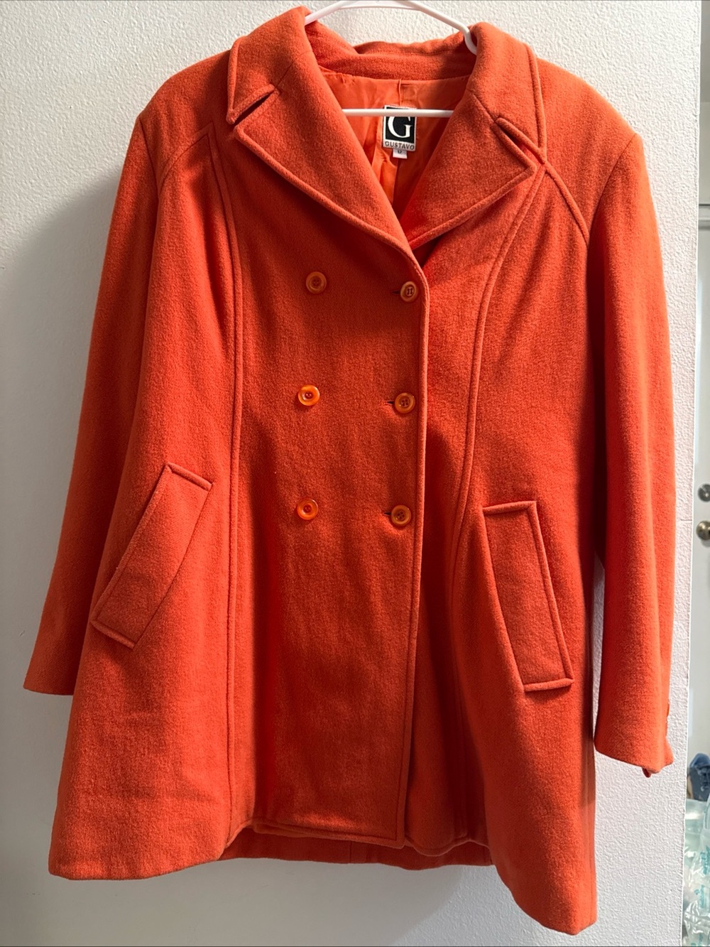 G Gustavo vintage  Orange Double-Breasted Pea Coat lambswool blend